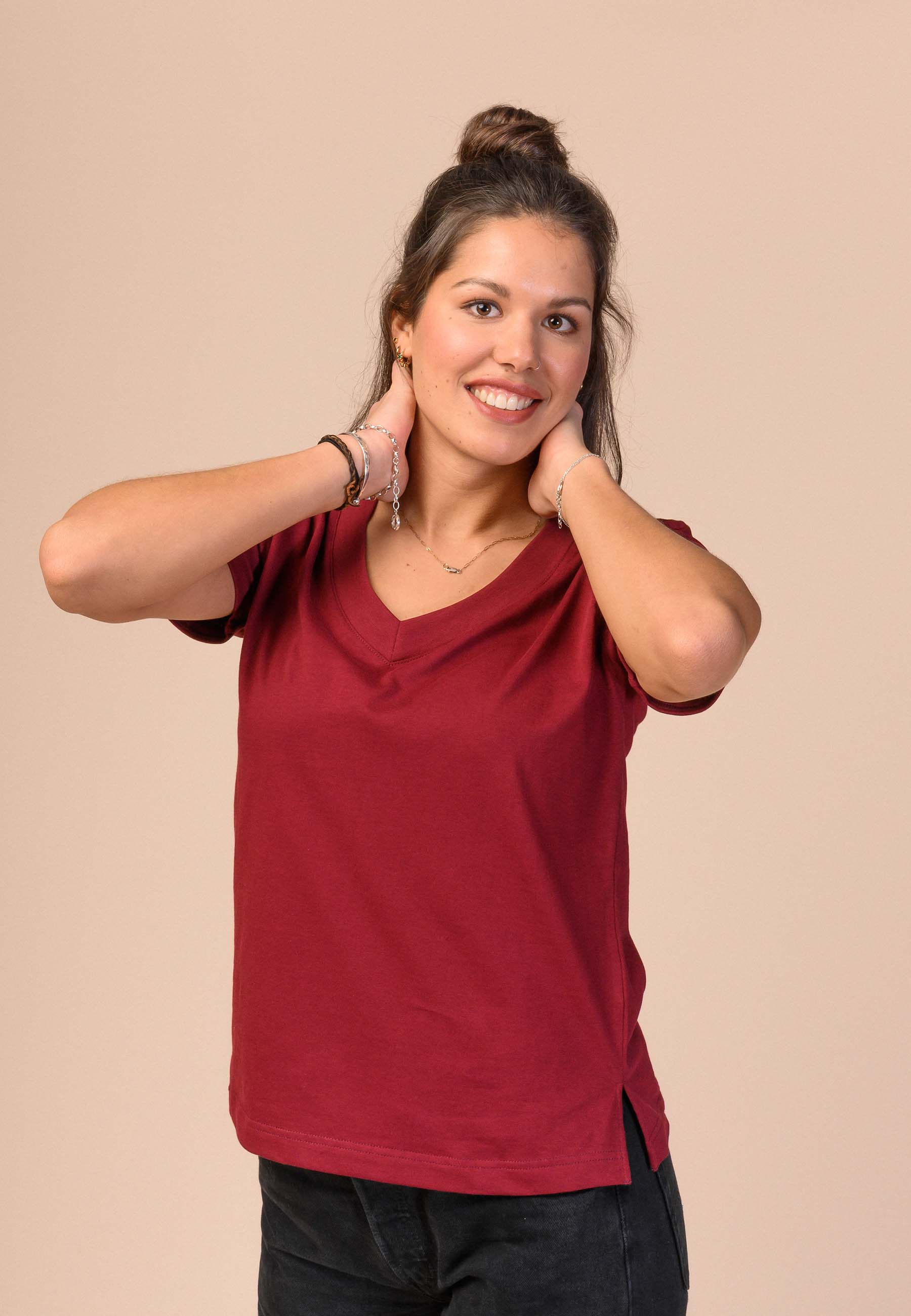 Damen V-Neck T-Shirt PRIA burgunderrot