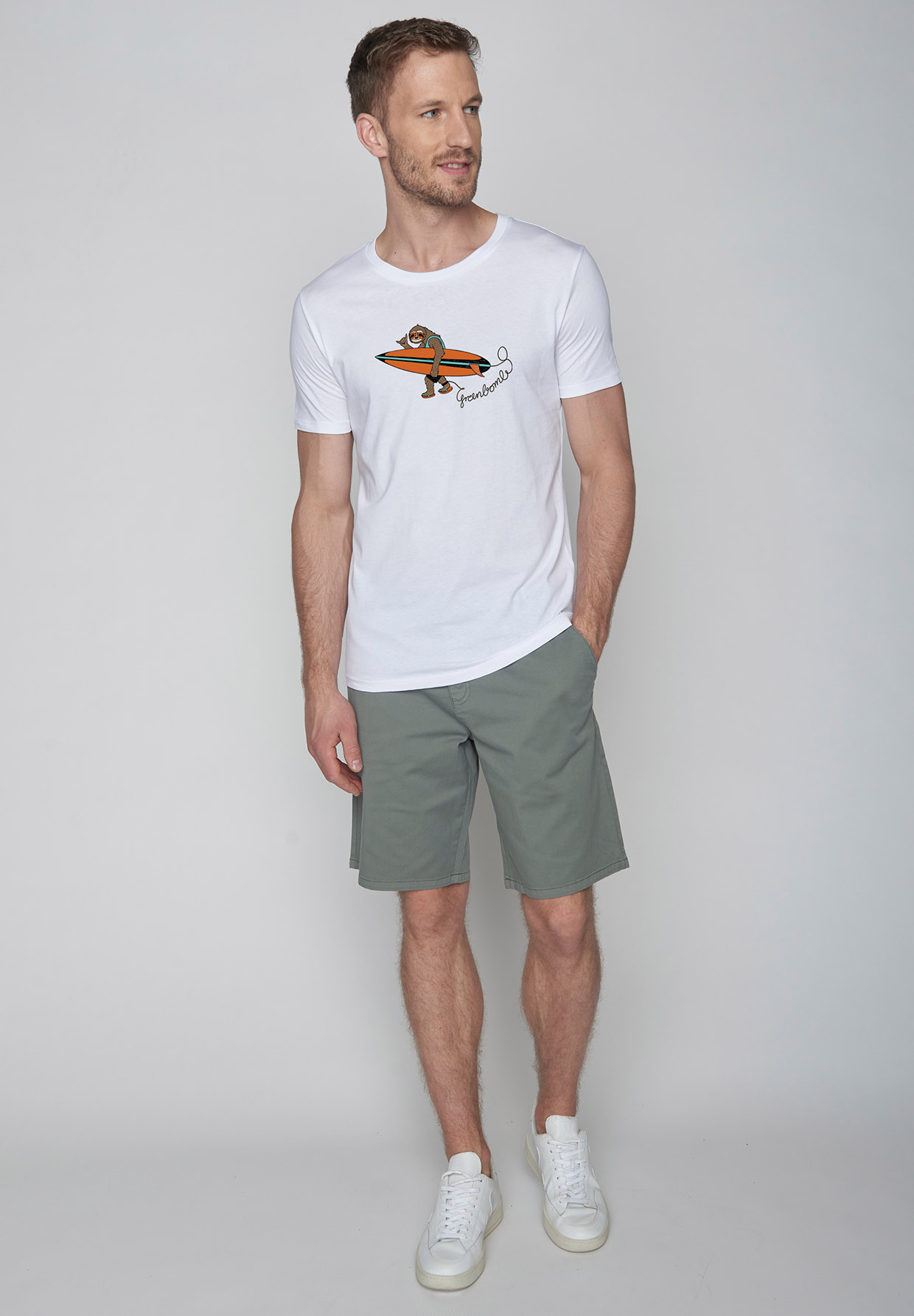 Print T-Shirt Animal Sloth Surf Guide White