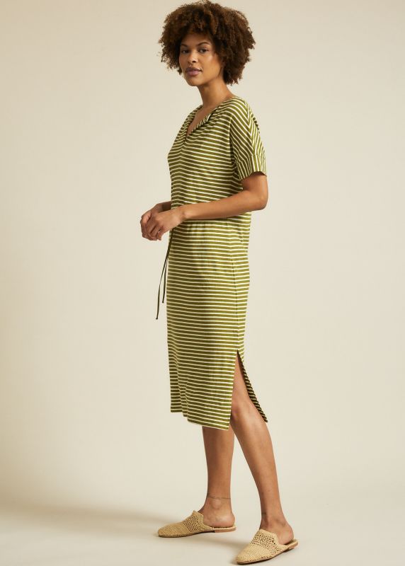 Gestreiftes Sommer-Kleid mit Hanf in olive/off white