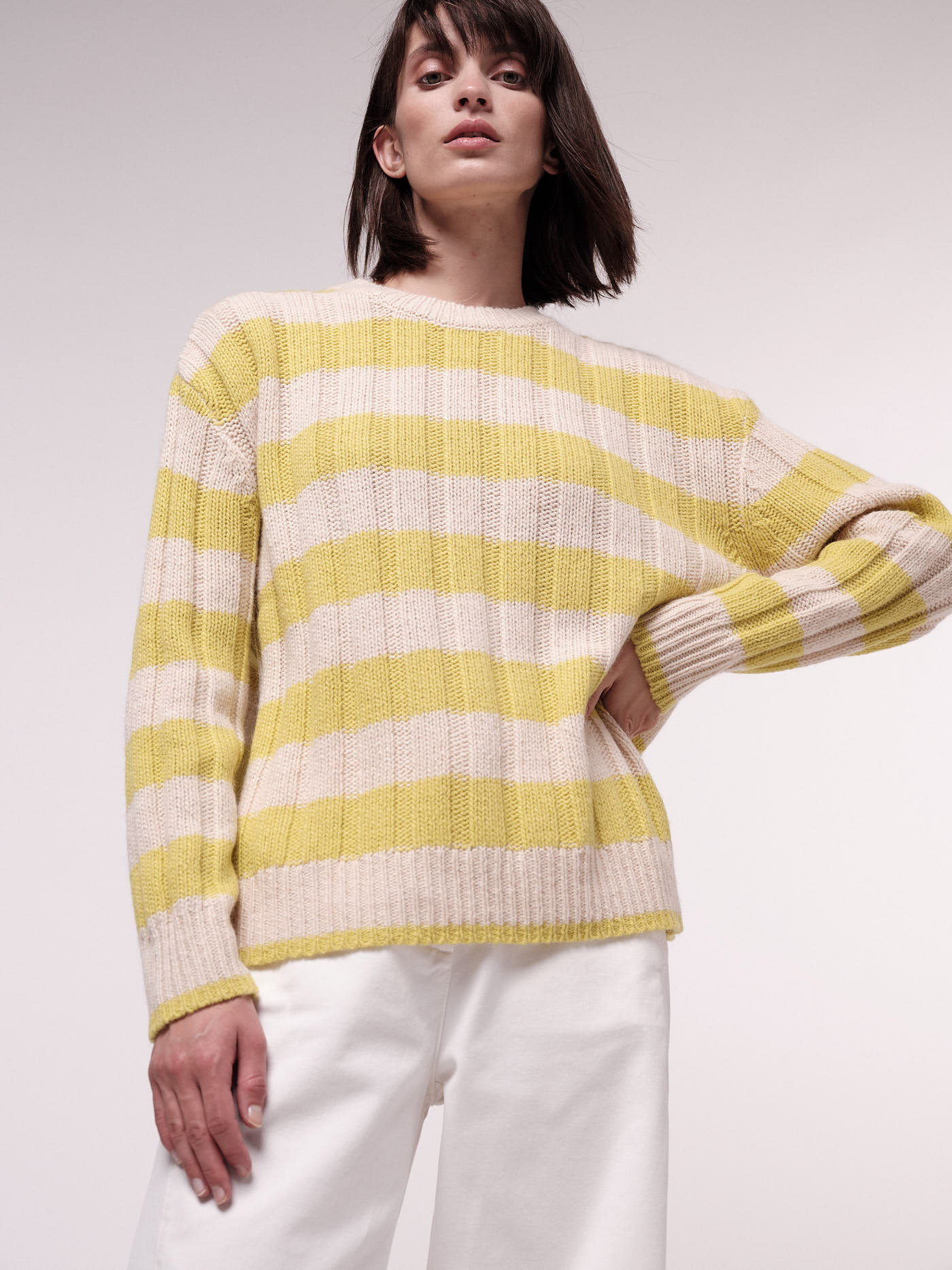Damen-Pullover mit Blockstreifen cream melange/neon yellow