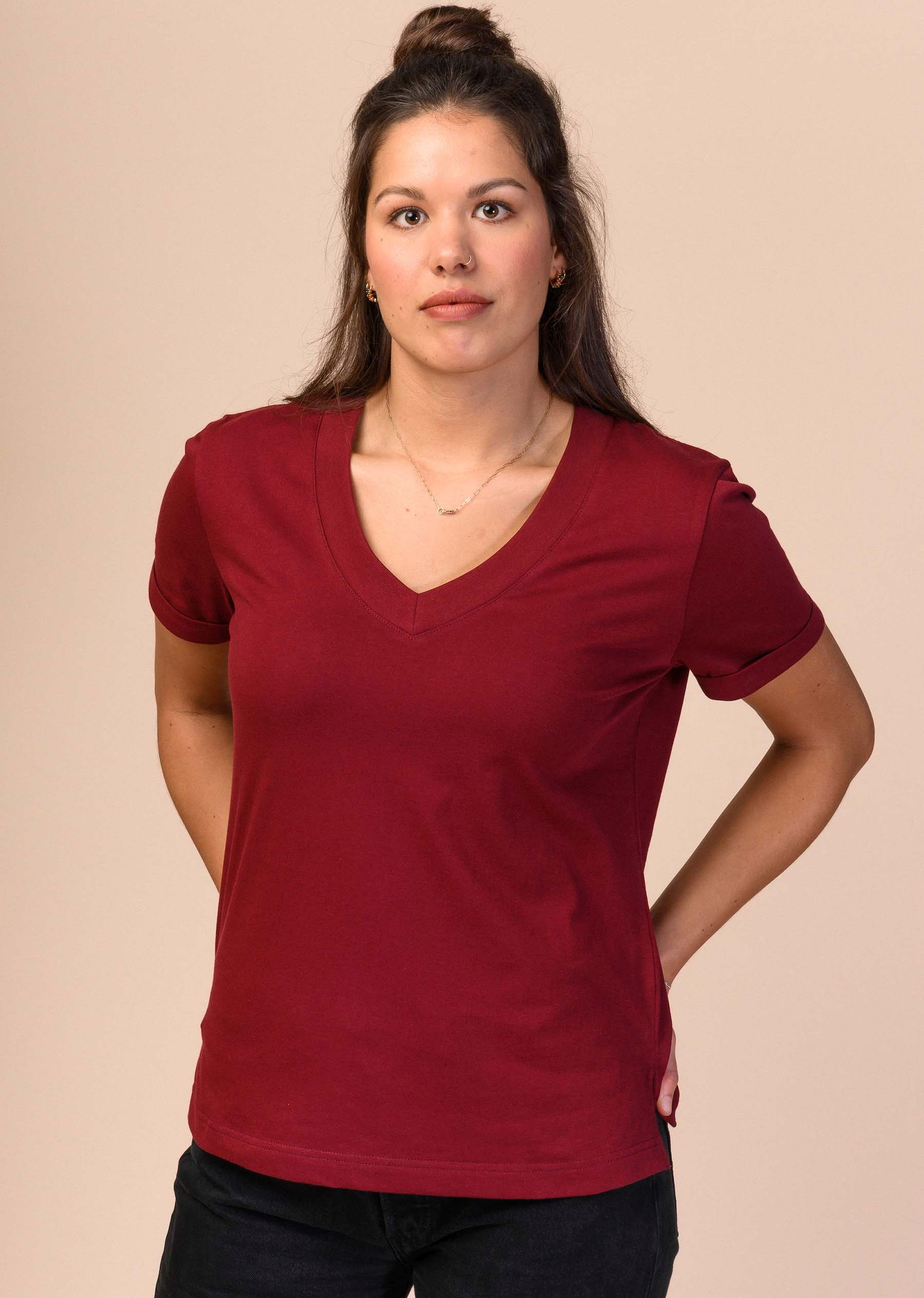 Damen V-Neck T-Shirt PRIA burgunderrot