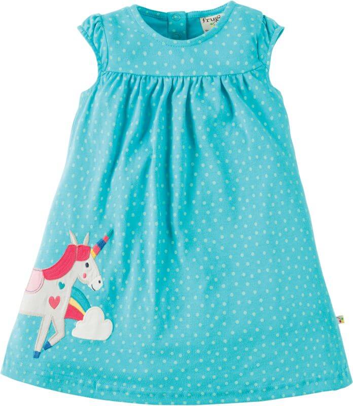 Hellblau gepunktetes Baby-Kleidchen mit Einhorn