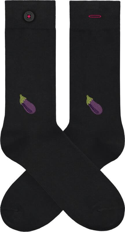 Schwarze Socken mit Auberginen-Stickerei