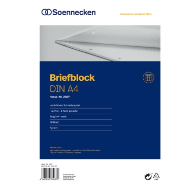 Soennecken Briefblock 2307 DIN A4 gelocht kariert 50Blatt weiß