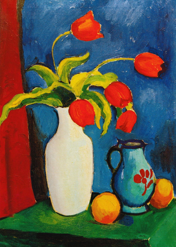Kunstkarte August Macke "Rote Tulpen in weißer Vase"
