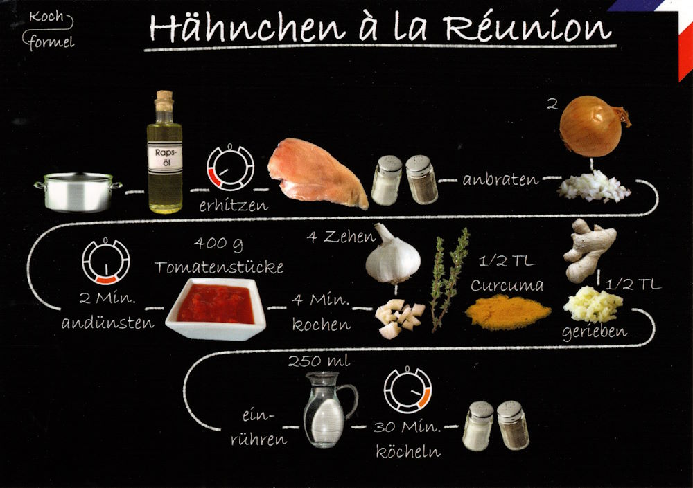 Rezept-Postkarte "Französische Küche: Hähnchen à la Réunion"