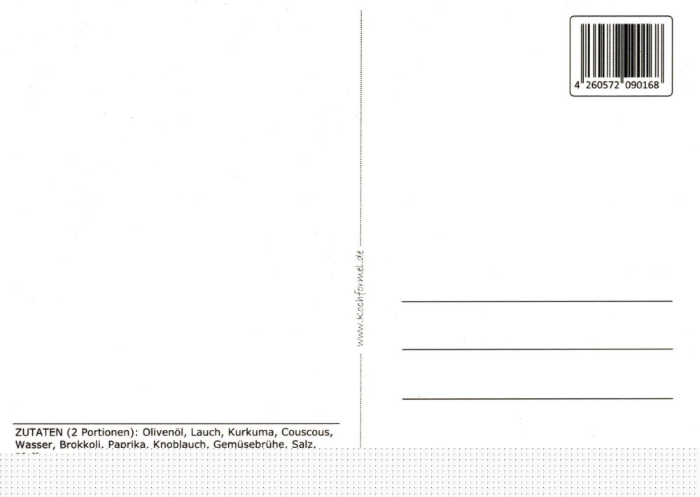 Rezept-Postkarte "Feierabend, vegetarisch: Gemüse-Couscous" (Rückseite)