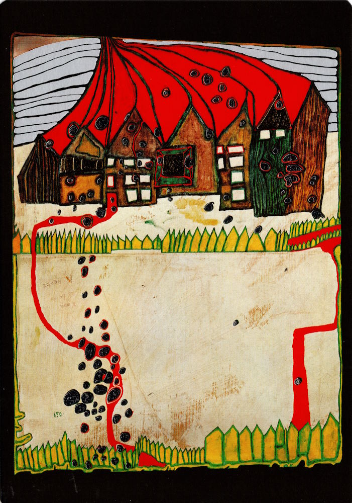 Kunstkarte Hundertwasser "Häuser im Schnee im Silberregen mit rotem Weg" Kunstkarte Hundertwasser "Häuser im Schnee im Silberregen mit rotem Weg"