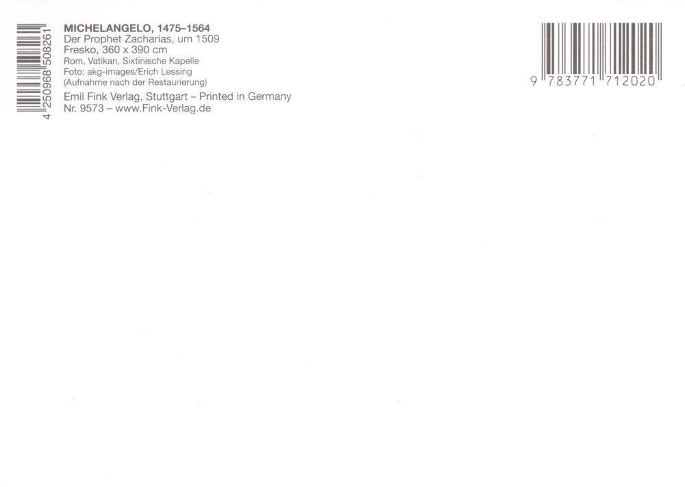 Kunstkarte Michelangelo "Der Prophet Zacharias" (Rückseite)
