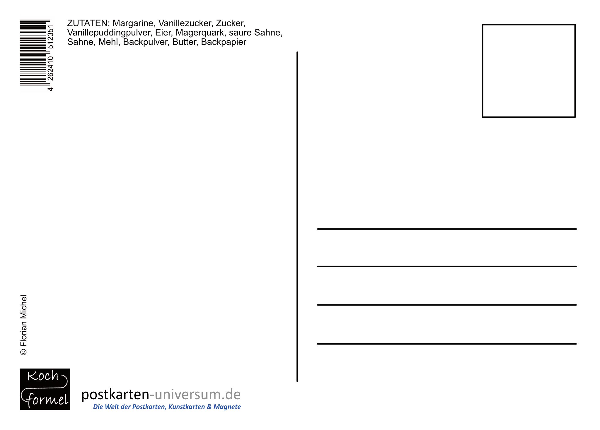 Rezept-Postkarte "Kuchenrezepte: Käsekuchen" (Rückseite)