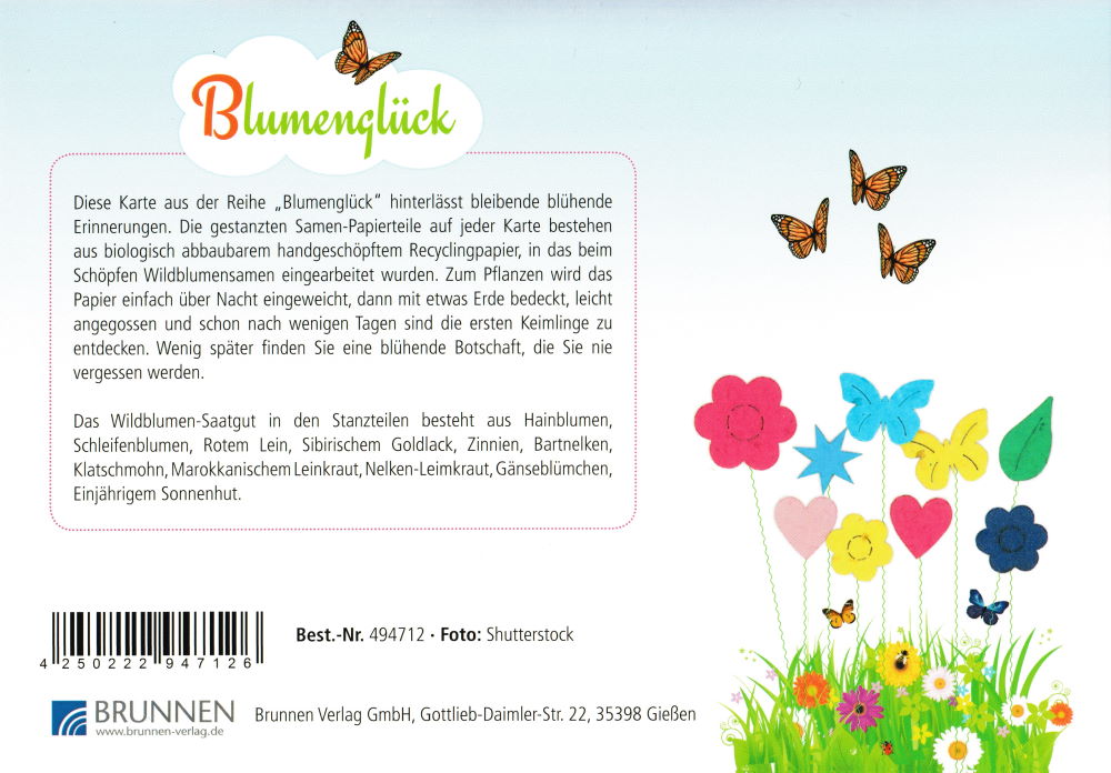 Grußkarte mit Blumensamen "Du bist nett, Du bist genial - Jemanden wie Dich ..." (Rückseite)