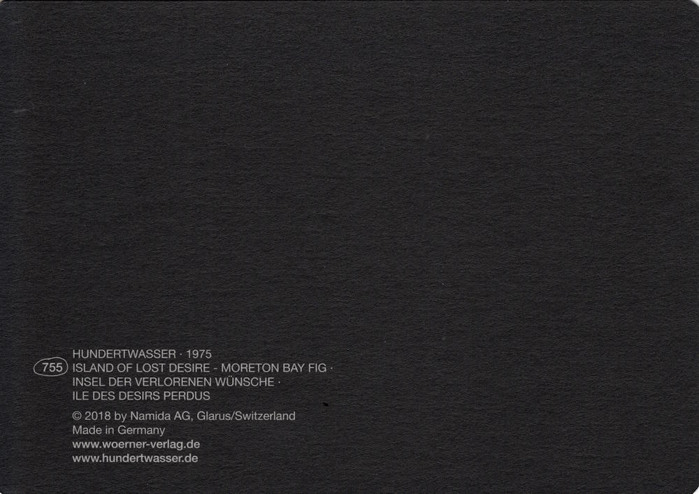Kunstkarte Hundertwasser "Insel der verlorenen Wünsche" (Rückseite)