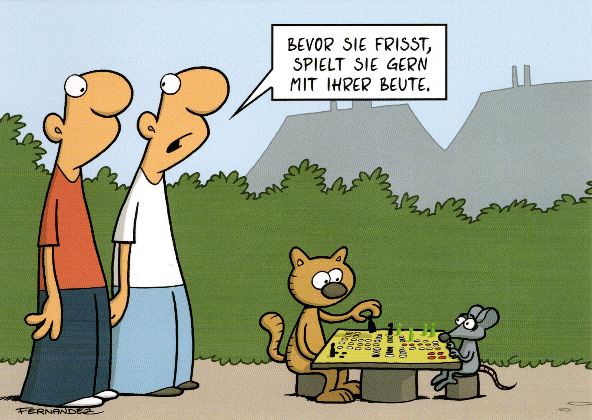 Postkarte Miguel Fernandez "Bevor sie frisst, spielt sie ..."