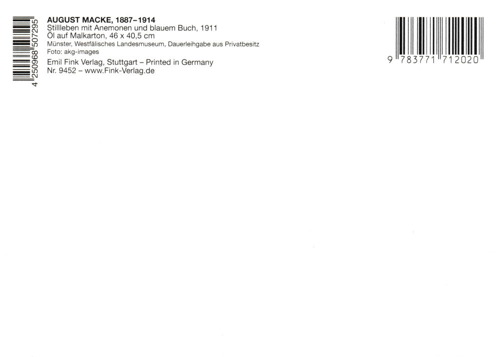 Kunstkarte August Macke "Stillleben mit Anemonen und blauem Buch" (Rückseite)