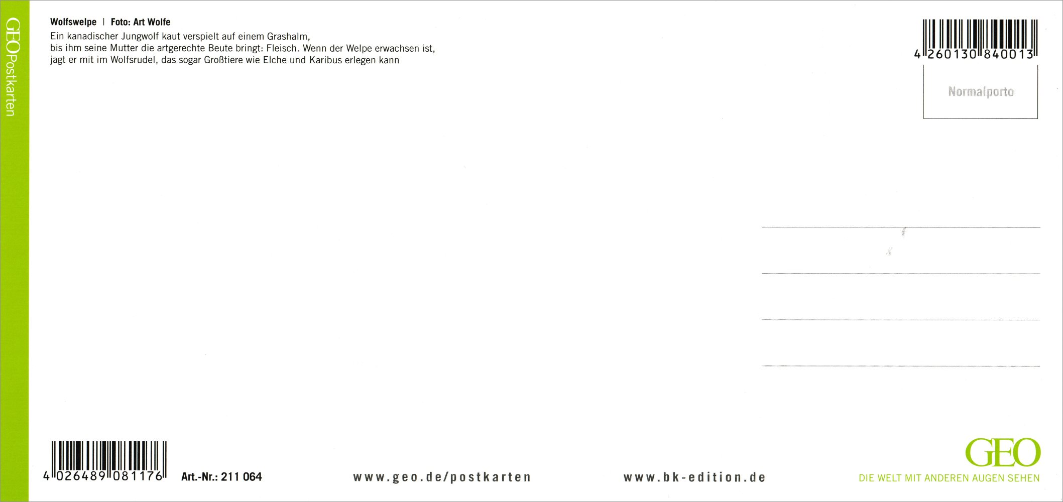 XXL-Postkarte GEO-Edition "Wolfswelpe" (Rückseite)