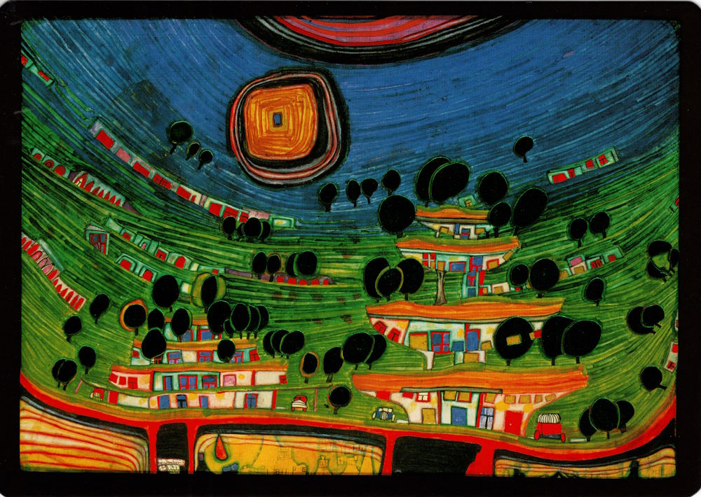 Kunstkarte Hundertwasser "Die Häuser hängen an der Unterseite der Wiesen" Kunstkarte Hundertwasser "Die Häuser hängen an der Unterseite der Wiesen"