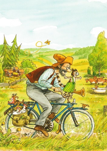 Postkarte "Pettersson und Findus: Pettersson auf Fahrrad"