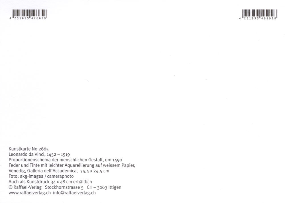 Kunstkarte Leonardo da Vinci "Proportionsschema der menschlichen Gestalt" (Rückseite)