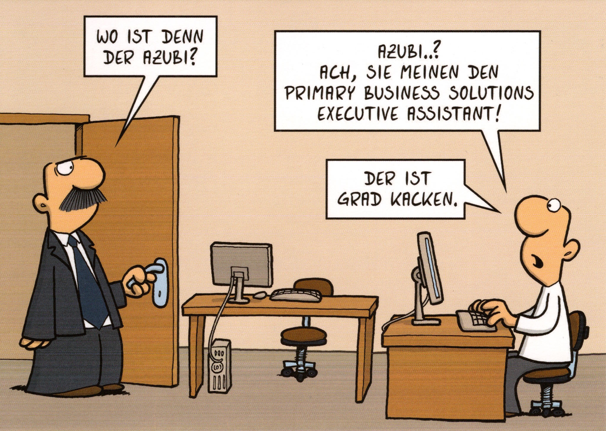 Postkarte Miguel Fernandez "Wo ist denn der Azubi?"