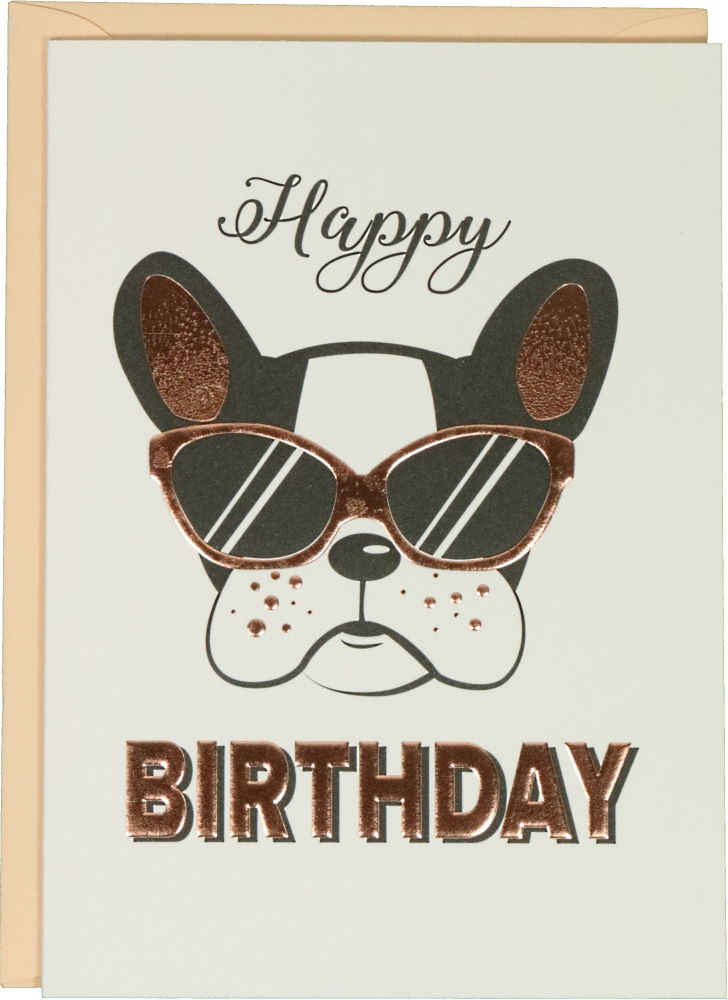Glückwunschkarte Geburtstag: Donna May Happy Birthday - Hund mit Sonnenbrille