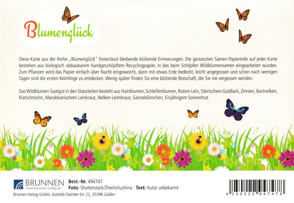 Grußkarte mit Blumensamen "Nur Geduld! Mit der Zeit wird aus Gras Milch" (Rückseite)