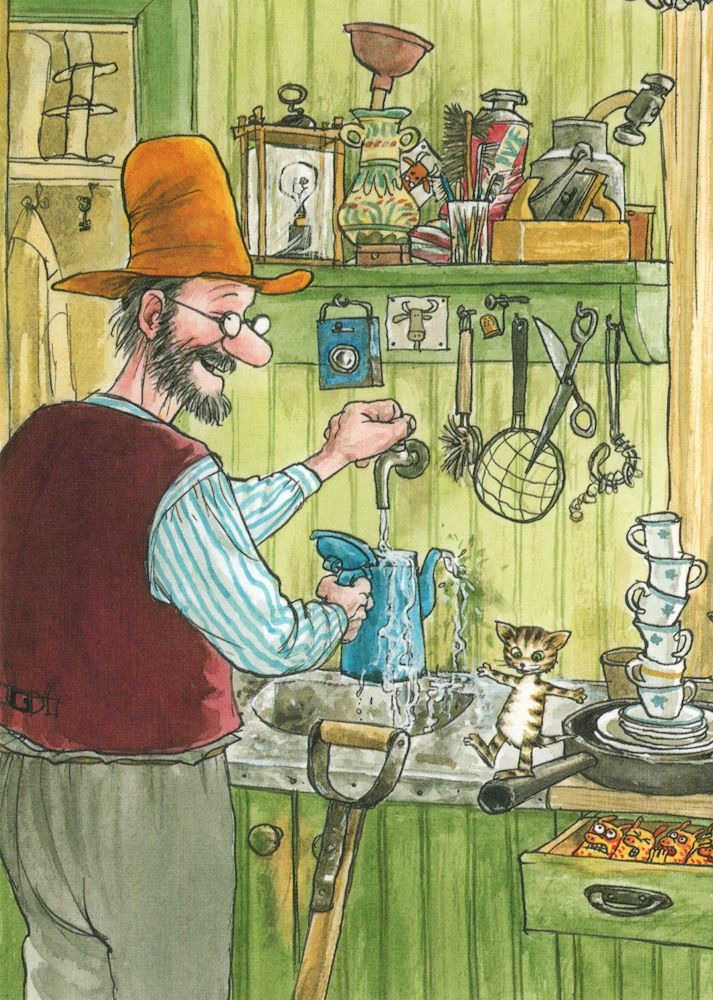 Postkarte "Pettersson und Findus: Pettersson mit Findus in der Küche"