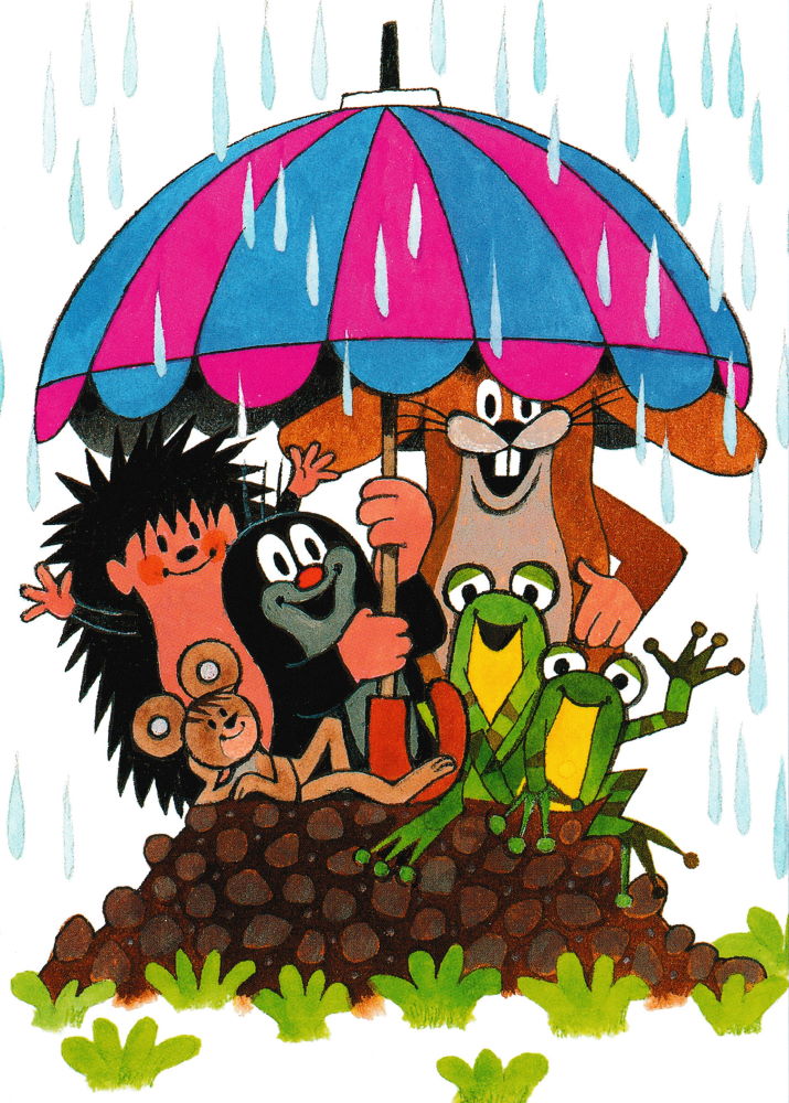 Postkarte "Der kleine Maulwurf mit Freunden unterm Schirm"