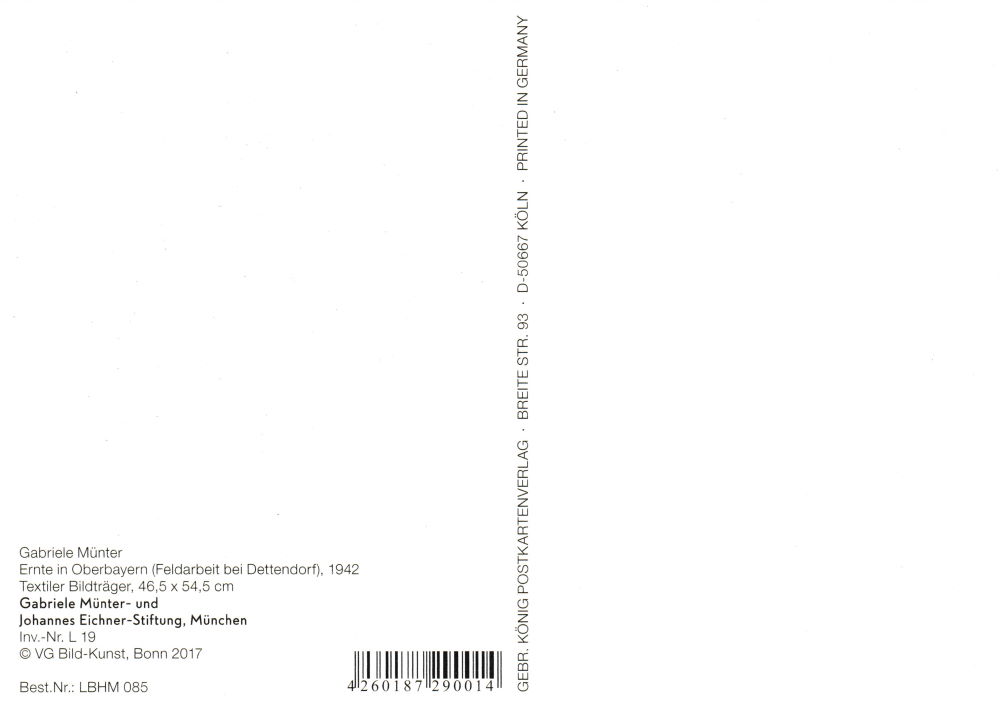 Kunstkarte Gabriele Münter "Ernte in Oberbayern (Feldarbeit bei Dettendorf)" (Rückseite)