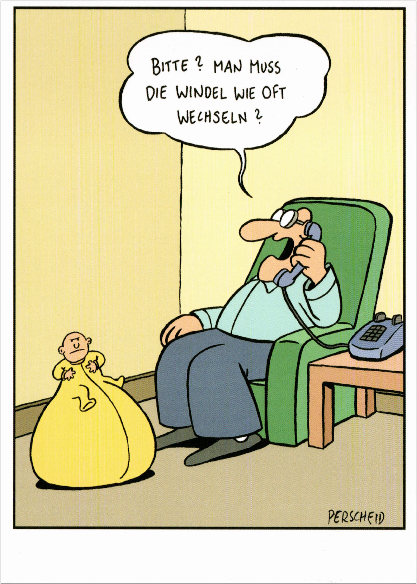 Postkarte Martin Perscheid "Bitte? Man muss die Windeln ..."