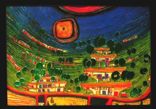 Kunstkarte Hundertwasser "Die Häuser hängen an der Unterseite der Wiesen"