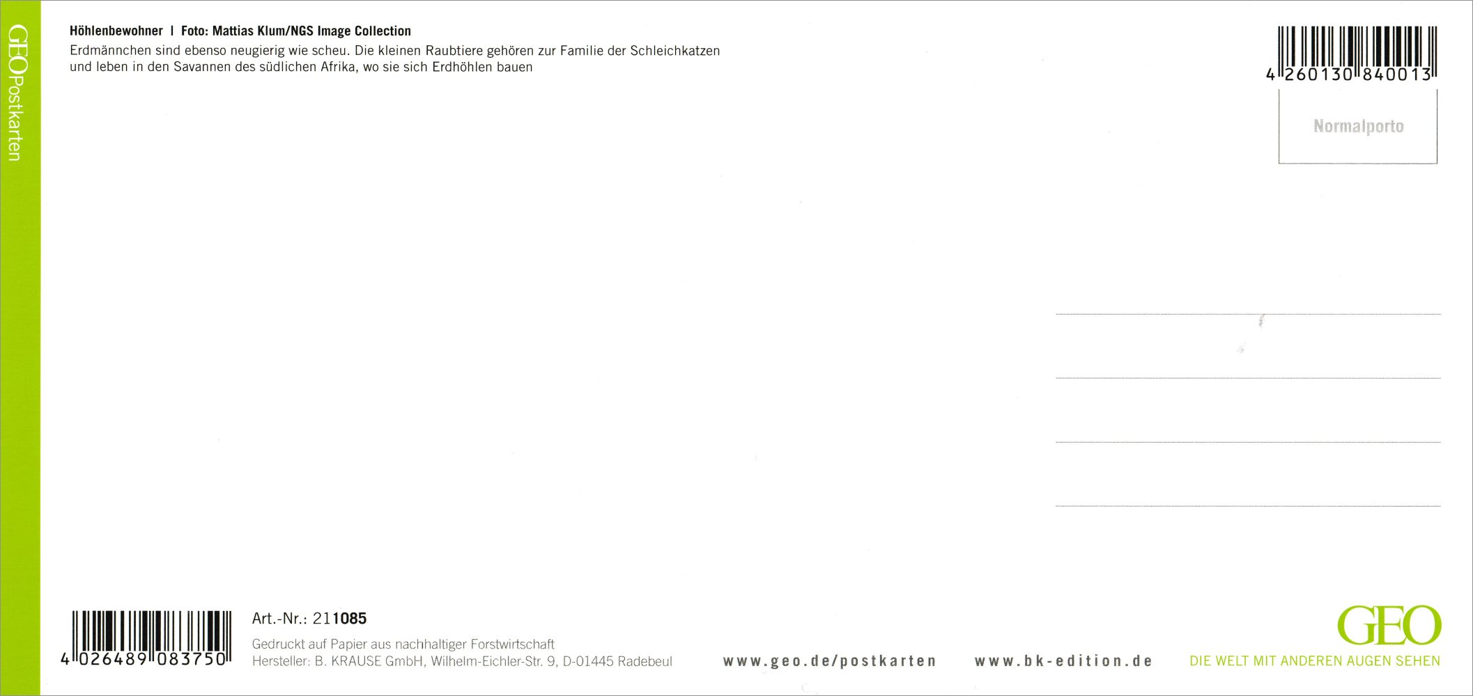 XXL-Postkarte GEO-Edition "Höhlenbewohner" (Rückseite)