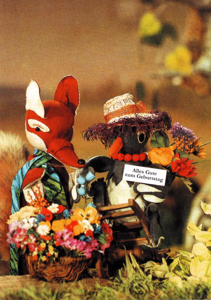 Postkarte "Unser Sandmännchen: Herr Fuchs und Frau Elster zum Geburtstag" Postkarte "Unser Sandmännchen: Herr Fuchs und Frau Elster zum Geburtstag"