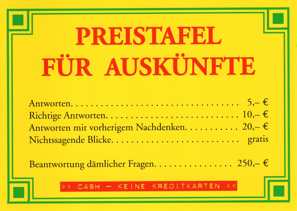 Postkarte "Preistafel für Auskünfte"