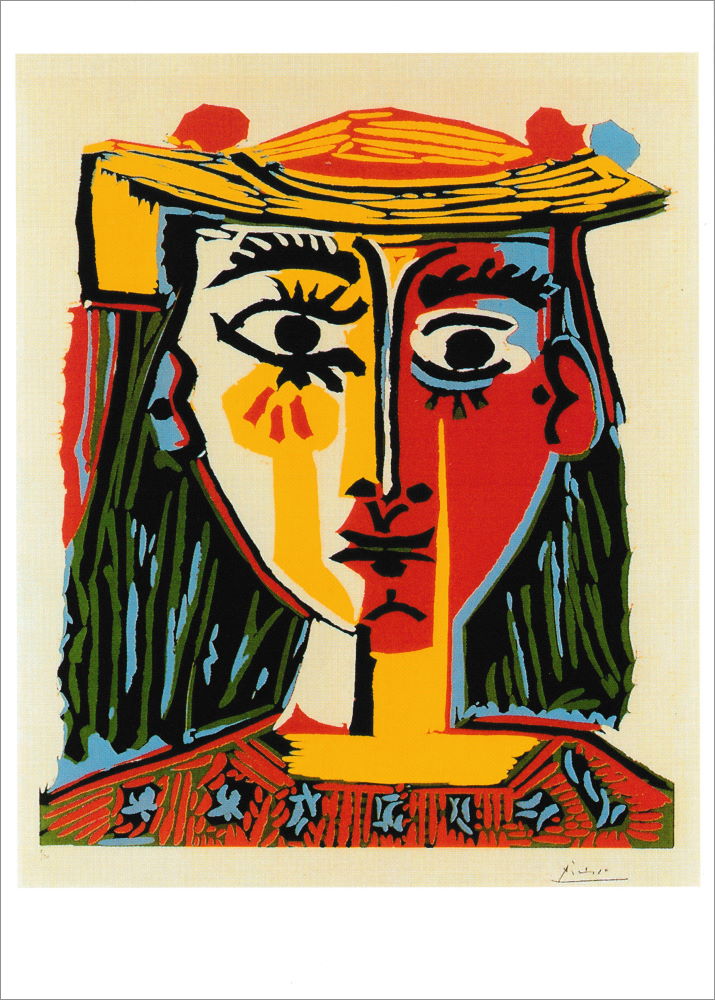 Kunstkarte Pablo Picasso "Frau mit Pompons-geschmücktem Hut und bedruckter Bluse" Kunstkarte Pablo Picasso "Frau mit Pompons-geschmücktem Hut und bedruckter Bluse"
