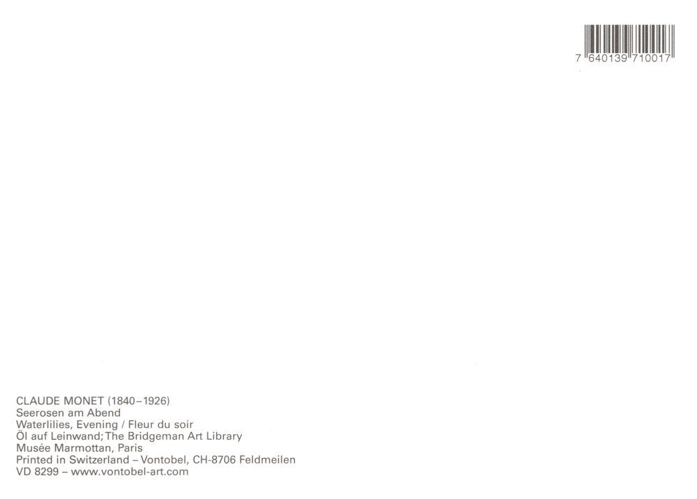 Kunstkarte Claude Monet "Seerosen am Abend" (Rückseite)