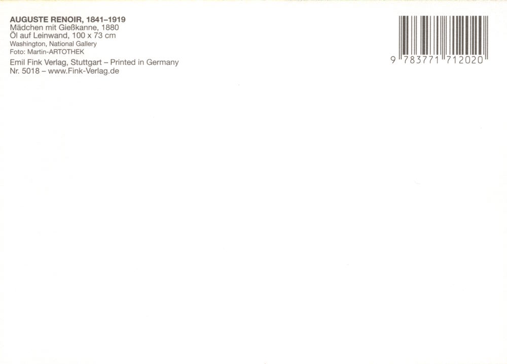 Kunstkarte Pierre Auguste Renoir "Mädchen mit Giesskanne" (Rückseite)