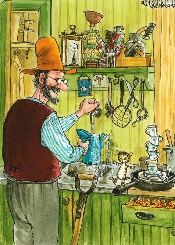 Postkarte "Pettersson und Findus: Pettersson mit Findus in der Küche"