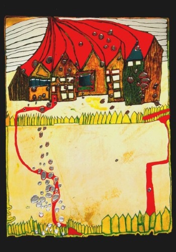 Kunstkarte Hundertwasser "Häuser im Schnee im Silberregen mit rotem Weg"