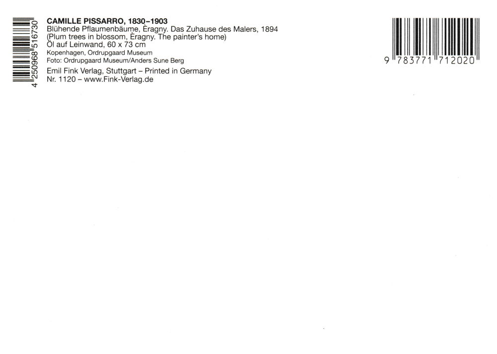 Kunstkarte Camille Pissarro "Blühende Pflaumenbäume, Eragny" (Rückseite)