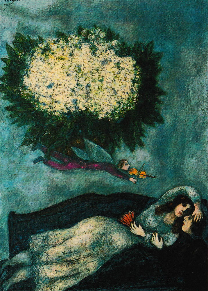 Kunstkarte Marc Chagall "Liebespaar mit Blumenbouquet"