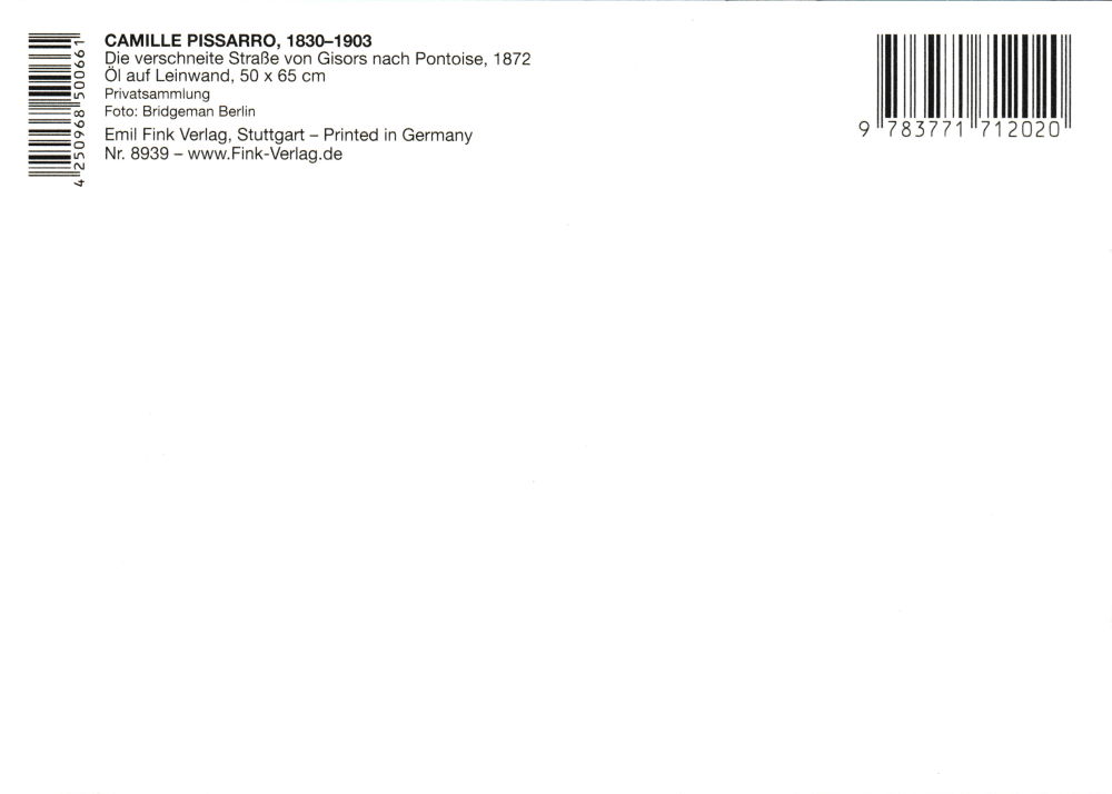 Kunstkarte Camille Pissarro "Die verschneite Straße von Gisors nach Pontoise" (Rückseite)