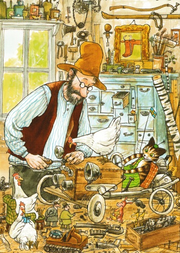 Postkarte "Pettersson und Findus: Pettersson in der Werkstatt"