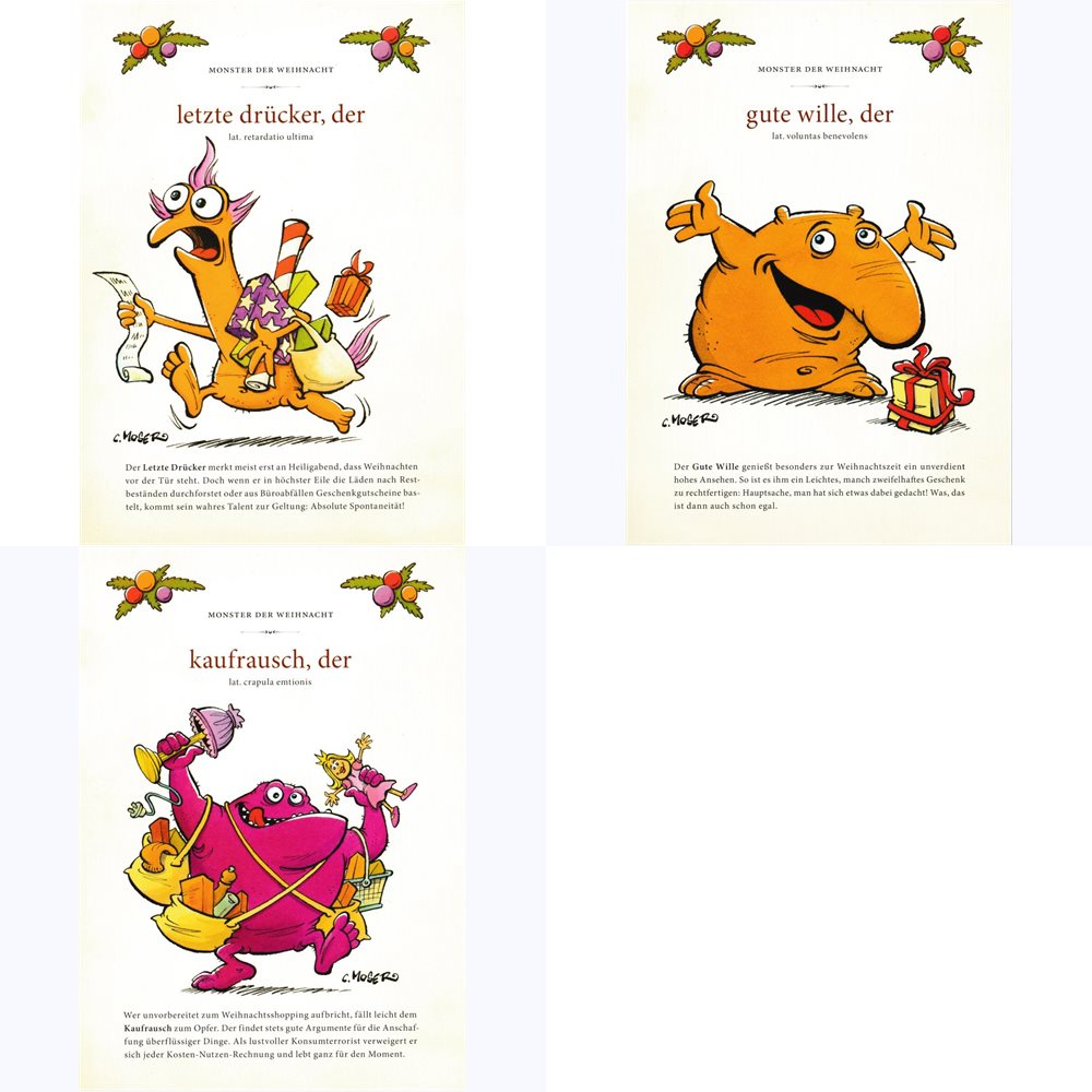 Postkarten-Set mit allen 3 Weihnachtsmotiven aus der "Monster des Alltags"-Serie