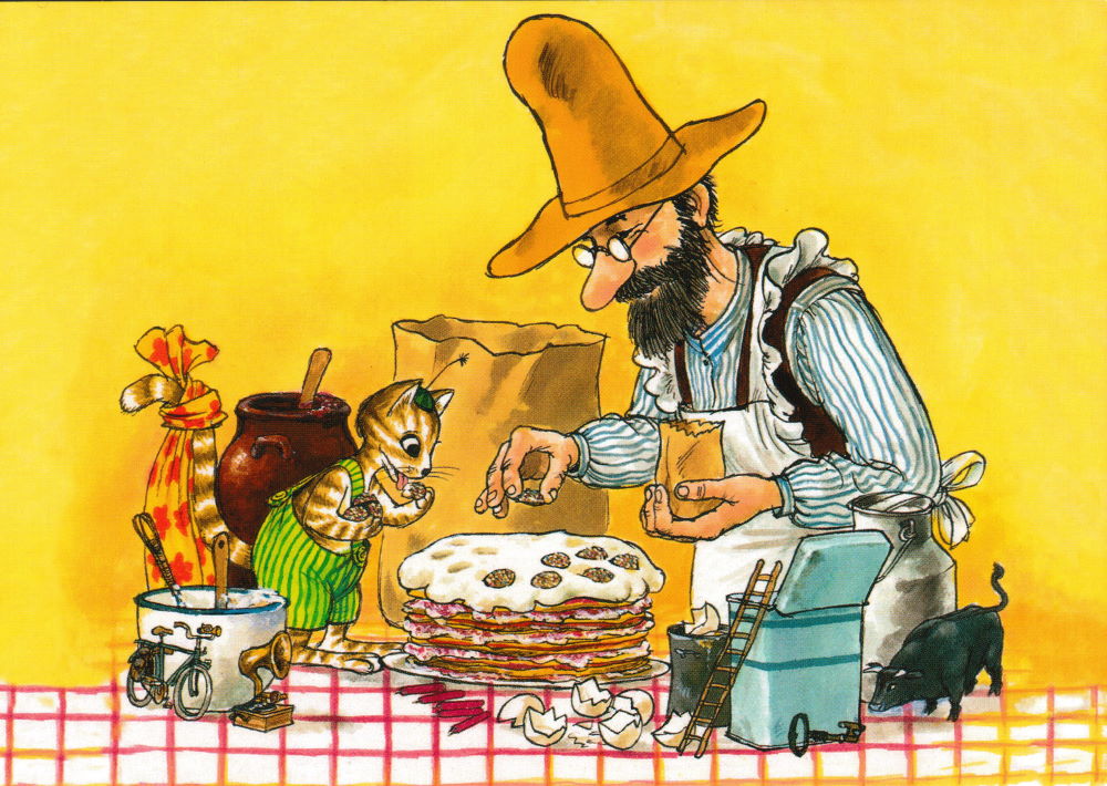 Postkarte "Pettersson und Findus: Pettersson und Findus machen Pfannkuchentorte" Postkarte "Pettersson und Findus: Pettersson und Findus machen Pfannkuchentorte"