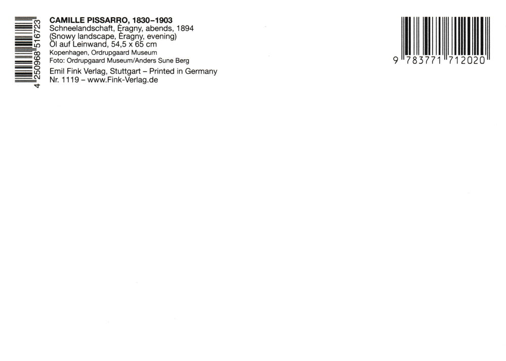 Kunstkarte Camille Pissarro "Schneelandschaft, Eragny, abends" (Rückseite)