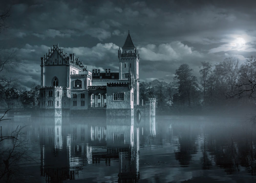 Postkarte "Mystisches Wasserschloß im Mondlicht" Postkarte "Mystisches Wasserschloß im Mondlicht"