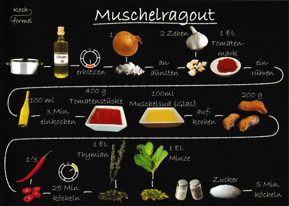 Rezept-Postkarte "Fischgerichte: Muschelragout"