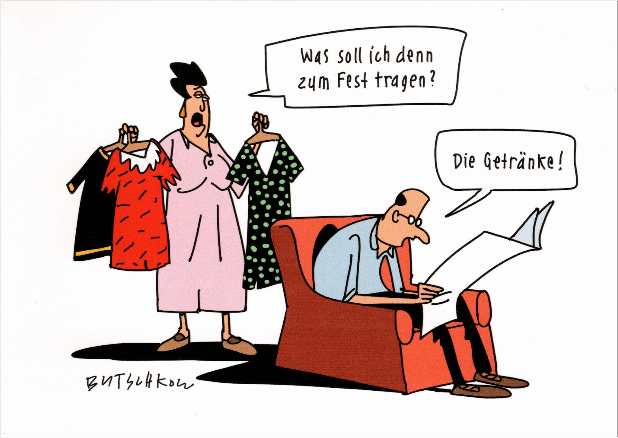 Postkarte Peter Butschkow "Was soll ich denn zum Fest tragen?" Postkarte Peter Butschkow "Was soll ich denn zum Fest tragen?"