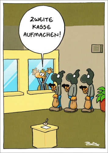 Postkarte Ralph Ruthe "Zweite Kasse aufmachen!"