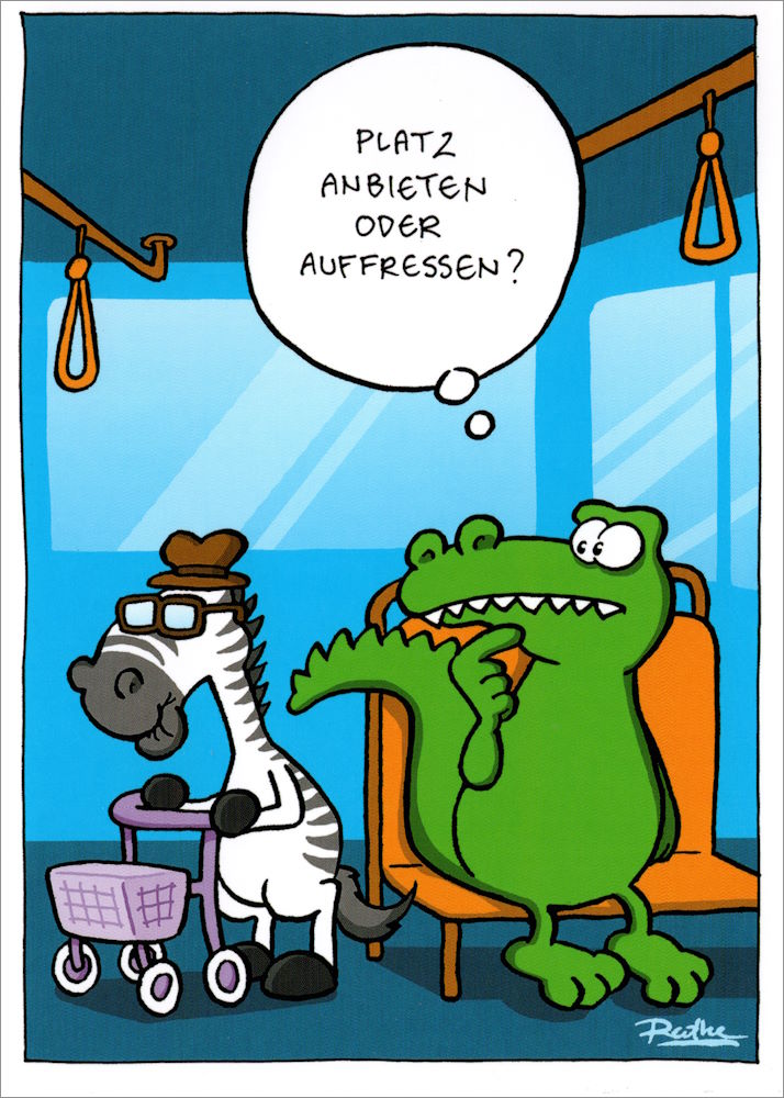 Postkarte Ralph Ruthe "Platz anbieten oder auffressen?" Postkarte Ralph Ruthe "Platz anbieten oder auffressen?"